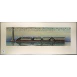 Floating Building Under Bridge, colored pencil on paper architectural drawing, unsigned, 20th