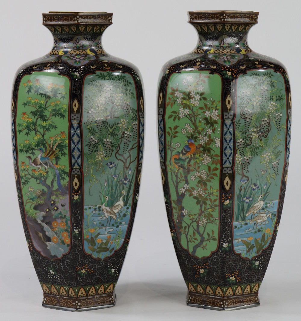 Pair of Japanese cloisonne vases, Meiji period, having a hexagonal body with seasonal flowers, trees - Image 4 of 6