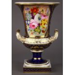 English Derby porcelain cobalt blue ground urn form vase early 19th century, the flaring neck