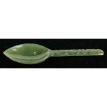 Indian Mughal-style spinach jade spoon, the handle carved with leafy scrolls, and the back of the