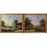 (lot of 2) Continental School (20th century), Farm Scene Landscapes with Figures and Animals, oil on