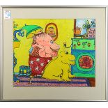 (Lot of 2) Karen Warford (American, 20th century), Elephant and Hippo, mixed medias on paper, each