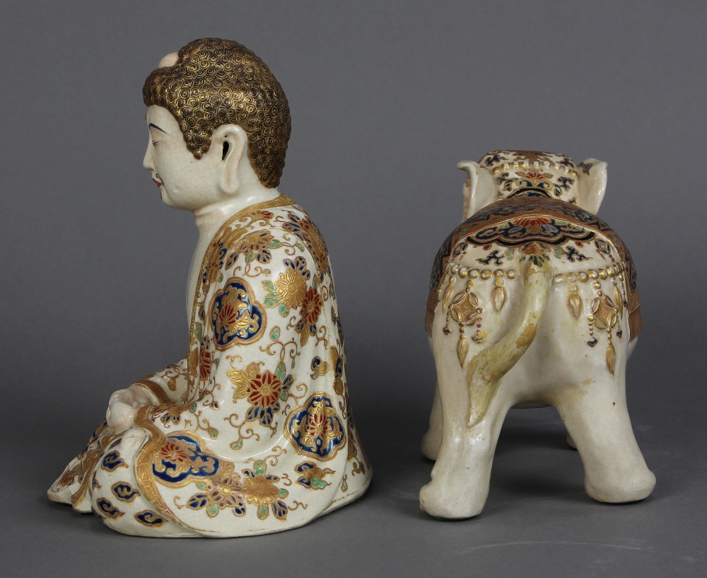 (lot of 2) Japanese Satsuma Buddha and elephant, Meiji period: Buddha marked 'Satsuma Hodota'; the - Image 4 of 8