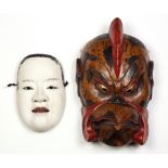 (lot of 2) Japanese noh mask of a woman and a large wooden lacquered mask of Karasu Tengu,