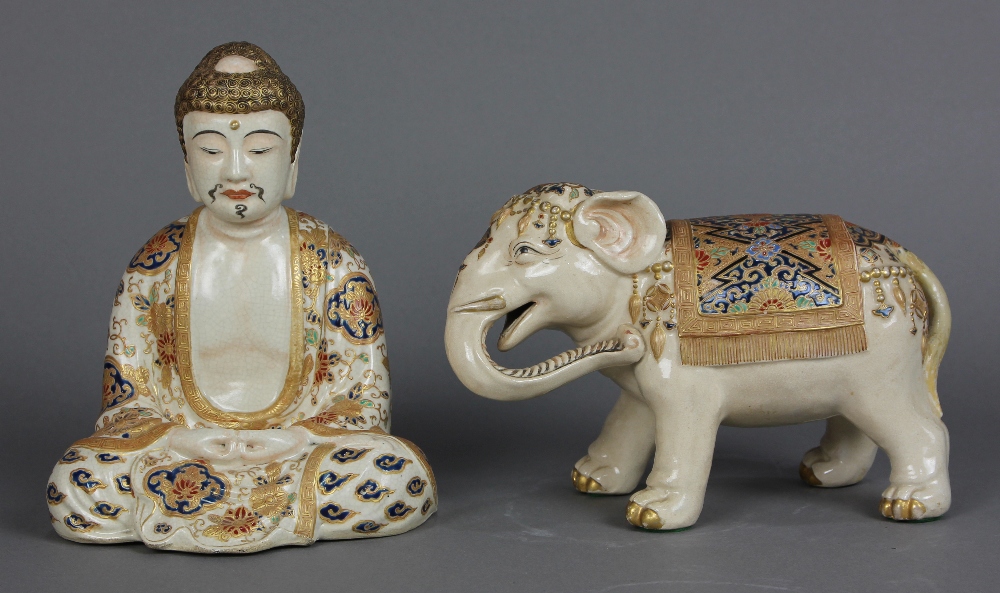 (lot of 2) Japanese Satsuma Buddha and elephant, Meiji period: Buddha marked 'Satsuma Hodota'; the