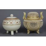 (lot of 2) Japanese Satsuma tripod censers: one with pierced body and lid, with interior insert,