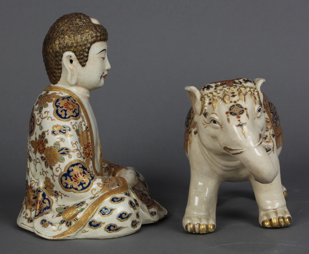 (lot of 2) Japanese Satsuma Buddha and elephant, Meiji period: Buddha marked 'Satsuma Hodota'; the - Image 2 of 8