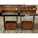 Pair of Regency style side tables, the single drawer case rising on turned supports flanking a