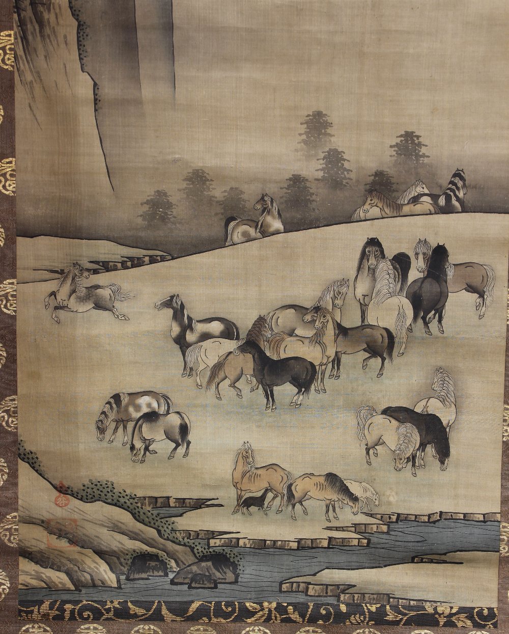 (lot of 2) Unkoku School (Japanese), Horses, ink and color on silk, the pair of scrolls depicting - Image 2 of 5