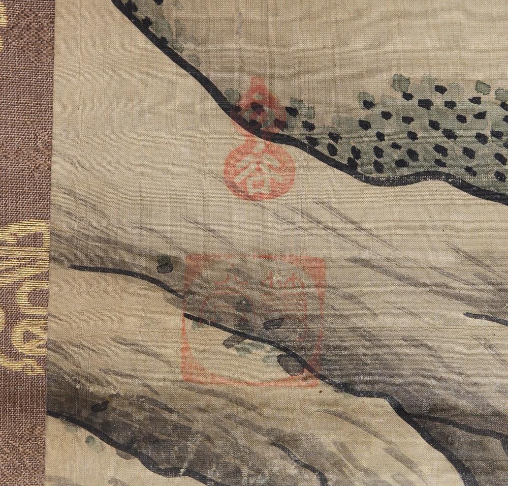 (lot of 2) Unkoku School (Japanese), Horses, ink and color on silk, the pair of scrolls depicting - Image 3 of 5