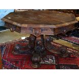 American Renaissance Revival walnut center table circa 1870, having an octagonal top, above the