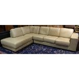 Modern tan leather sectional couch, 31"h x 9'9''w x 37"d