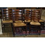 (Lot of 6) Ladder back chairs, consisting of two armchairs, 43"h, and four side chairs, 41"h, each