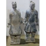 (lot of 2) Models of the terracotta warriors, each of the standing figures in military garb, 39.5"h