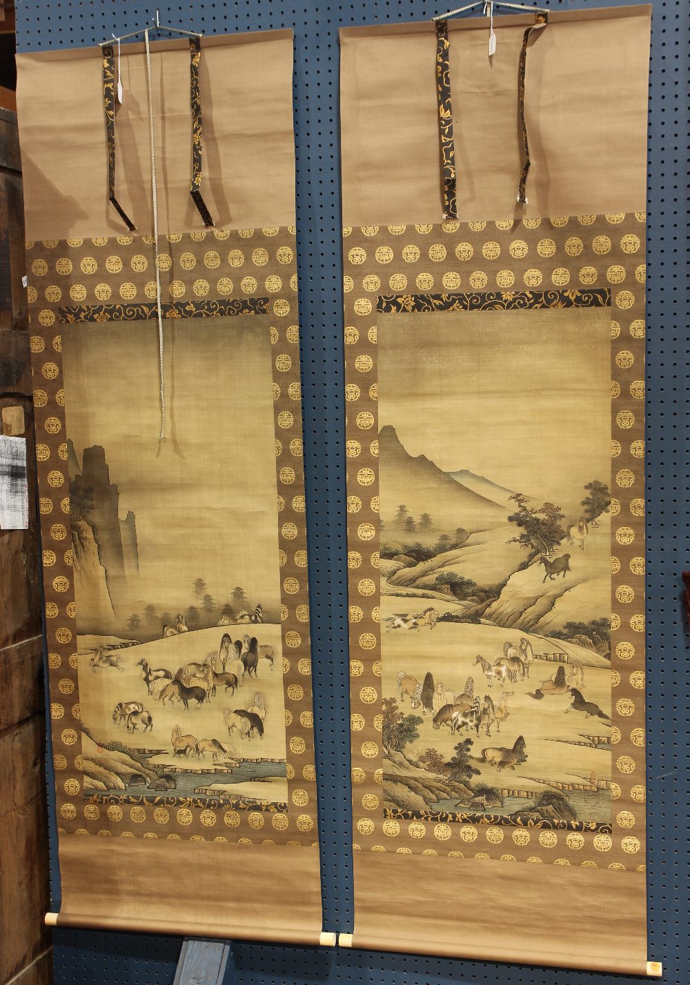 (lot of 2) Unkoku School (Japanese), Horses, ink and color on silk, the pair of scrolls depicting