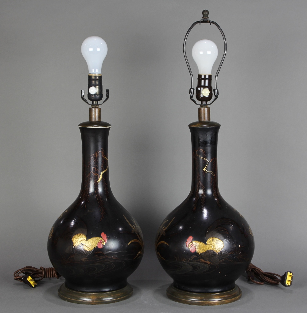 Pair of Japanese bronze vases, converted to lamps, Meiji/Taisho period, decorated with willow