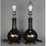 Pair of Japanese bronze vases, converted to lamps, Meiji/Taisho period, decorated with willow