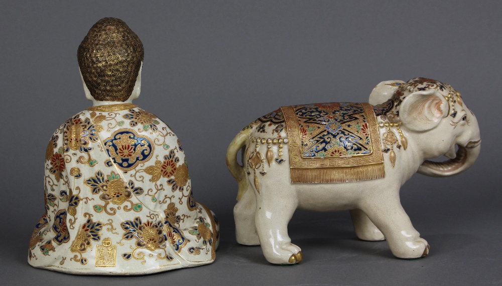 (lot of 2) Japanese Satsuma Buddha and elephant, Meiji period: Buddha marked 'Satsuma Hodota'; the - Image 3 of 8