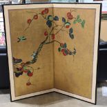Japanese two-panel screen, a sparrow flying toward persimmon tree, ink and colors on gold foil, 54"h