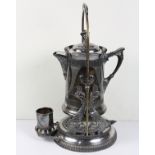 Aesthetic Movement silver plate coffee server, having a flora stylized handle, the coffee stand