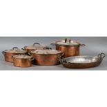 (lot of 7) Copper cookware group, consisting of covered stock pots, saute pans, most with remnant of