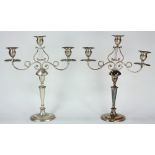 Pair of English style silver-plate three light candelabra, each centered with a lyre font above a