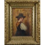 European School (20th century), Woman in Hat, oil on board, pencil signed indistinctly (Muller