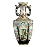 Japanese cloisonne enameled hexagonal vase, Meiji period, the flared neck flanked by a pair of