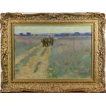 French School (19th century), Landscape with Figure in Horse Drawn Wagon, oil on canvas, signed "