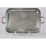 Mexican sterling silver tray mounted with double bail handle, and the border bears a center script