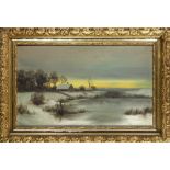 Sunset Snow Scene, oil on canvas, unsigned , 20th century, overall (with frame): 16.5"h x 24.5"w