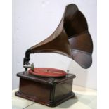 Horn Gramophone with wood horn and soundbox, circa 1910, 27.5"h x 17"w x 22"d