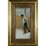 European School (20th century), Man in Snow, oil on board, signed indistinctly lower right,