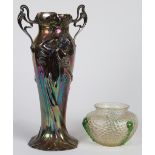 (lot of 2) Vase group, consisting of one art glass example, having gilt inclusions with green