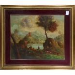 Figures by a Lake with Distant Castle, oil on canvas board, unsigned, 20th century, overall (with