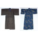 (lot of 2) Japanese silk kimono with butterflies and floral motifs on indigo blue ground; together