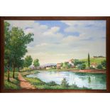 Country Homes Along the Lake, oil on canvas board, signed "Manya" lower left, 20th century,