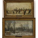 (lot of 2) Anton Hlavacek (Austrian, 1842-1926), Workers Plowing the Fields, oil on panel, signed