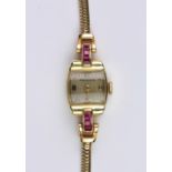 Lady's Retro Brock & Co, Concord, ruby 14k yellow gold wristwatch Dial: rectangular, silver, applied