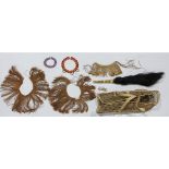 (lot of 8) Ethnographic fiber group, consisting of a Mulu Forest back pack, Casalwary feather chiefs