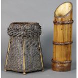(lot of 2) Japanese ikebana bamboo vase and basket: one bamboo vase with a small bamboo insert;