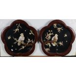 (lot of 2) Japanese overlaid plaques, with a hawk perched on a flowering branch gazing at a sparrow,