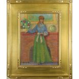 Woman in Front of Fireplace, oil on canvas, signed Gundel lower left, 20th century, overall (with