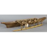 (lot of 3) Samoan model canoes (mid 20th century), largest: 5.5"h x 48.5"w x 12"d, middle: 5.25"h