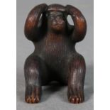 Japanese wood netsuke, a monkey with both hands on his head, approx. 1.75"h
