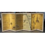 Japanese six-panel screen, Meiji period, depicting bamboo and sparrows in ink and colors on gold