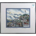 "Coit Tower - San Francisco," watercolor and ink on paper, signed "Gus C. Bayz" lower right,