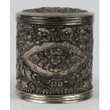 Indonesian .800 silver canister having floral and acanthus leaf repousse, 3.25"h, 5.25 troy oz.