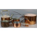 (lot of 6) Copper cookware group, consisting of covered stock pots, large kettle, open pots, most