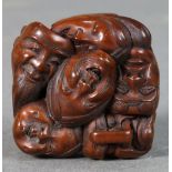 Japanese wooden netsuke, early-mid 19th century, square shape with both sides covered with six